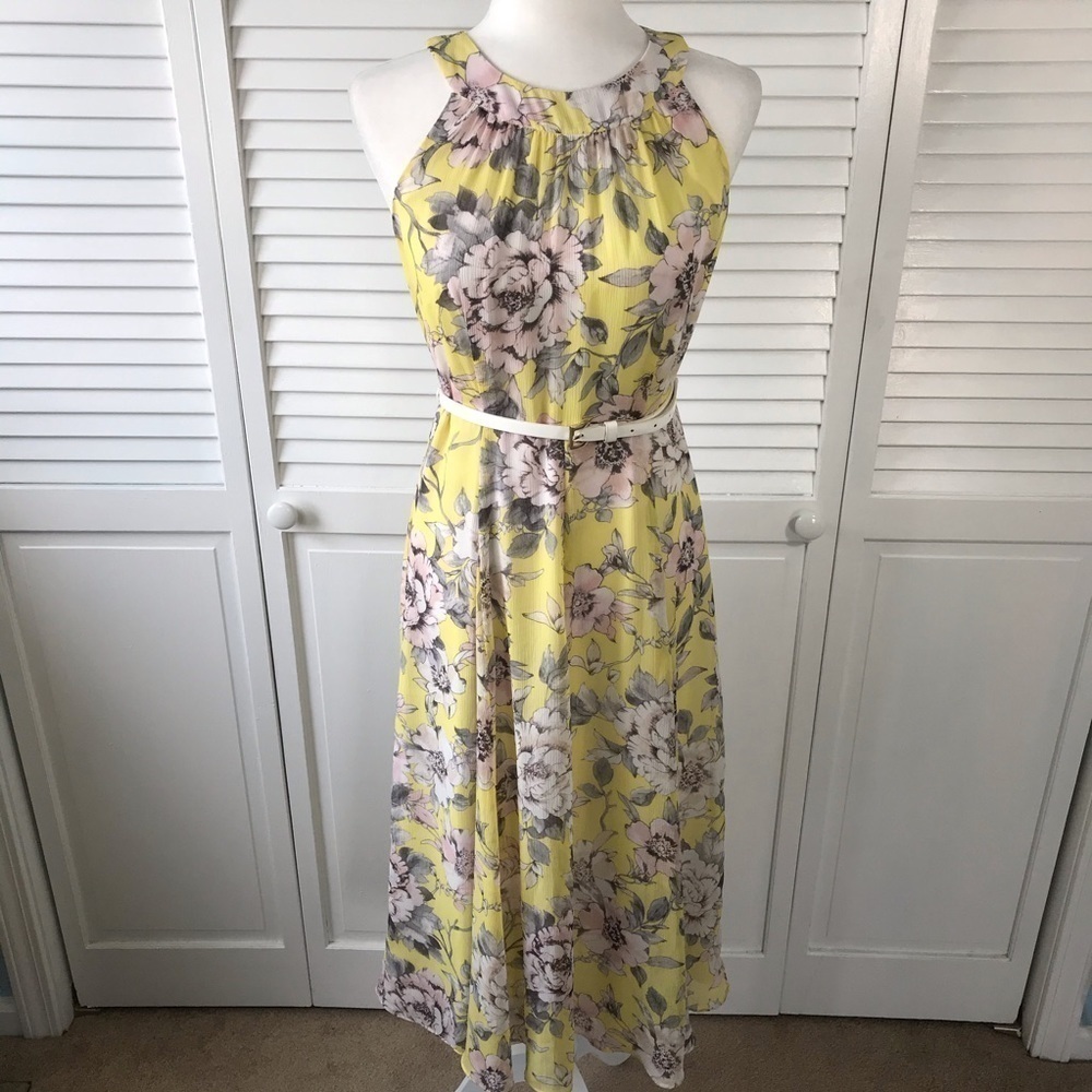 Price is firm TOMMY HILFIGER Yellow Floral Print Belted Midi Dress Size 4 - Picture 3 of 9